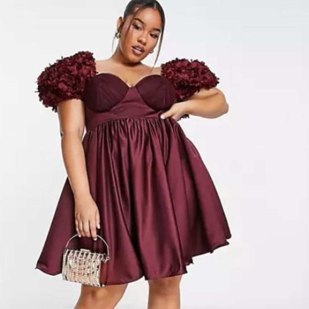 ASOS LUXE Curve 3D floral satin wired baby doll mini dress wine US 14 NEW $120